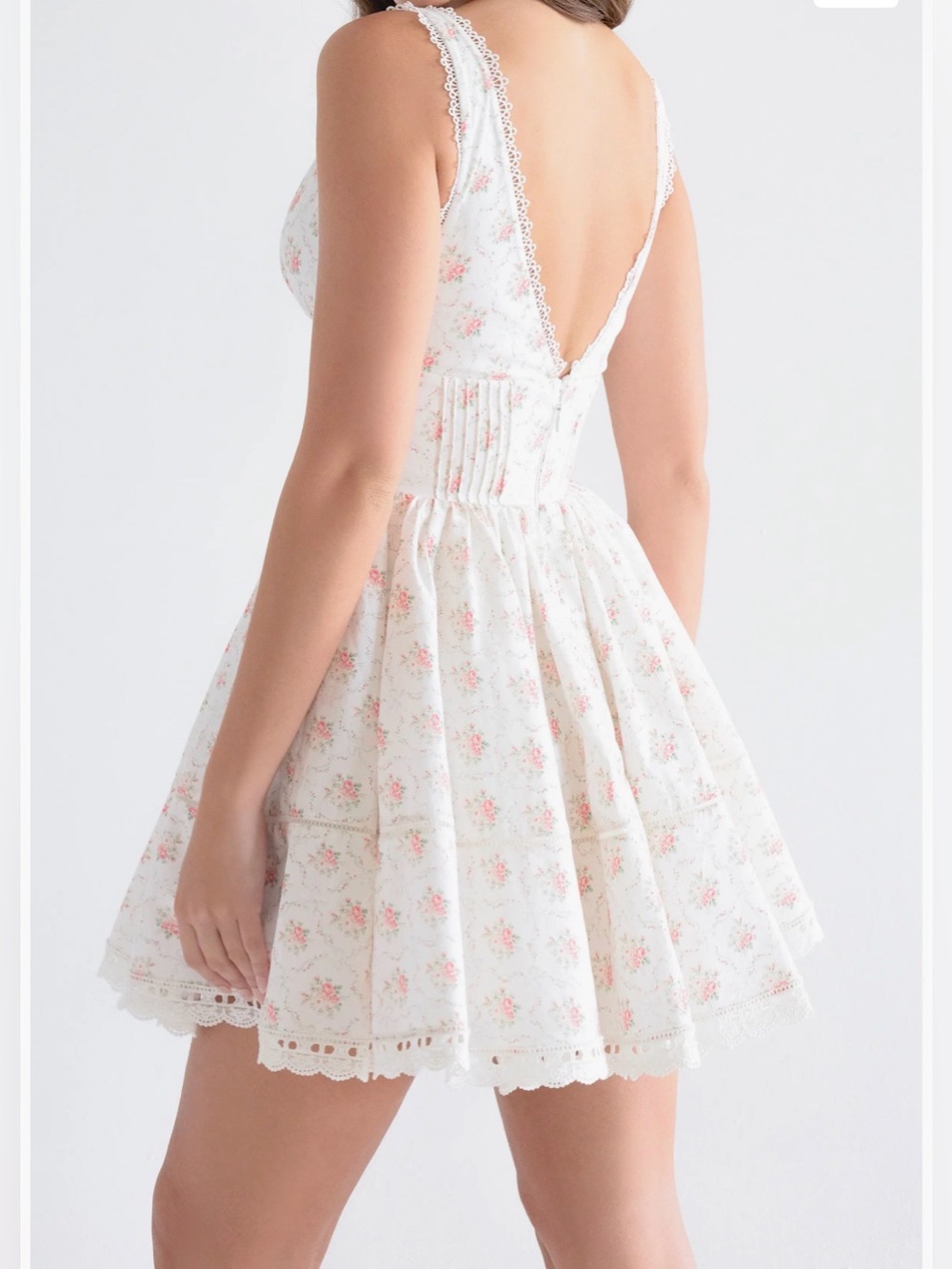 House of CB “Salma” Floral Lace-Trim Mini A-line Dress White with Pink Roses - Picture 2 of 15
